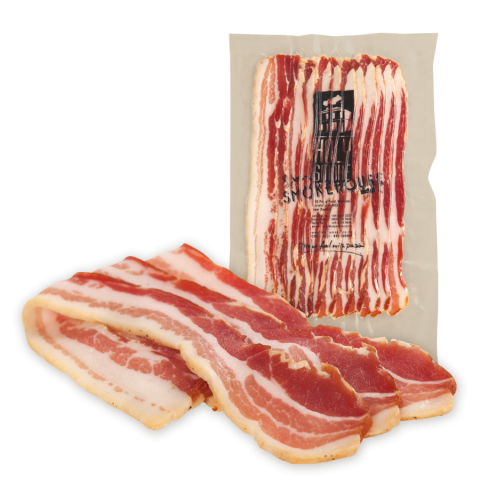 Awesome belly bacon, extensively air–dried & manuka smoked for full smoke flavour Bacon air-dried manuka cold smoked