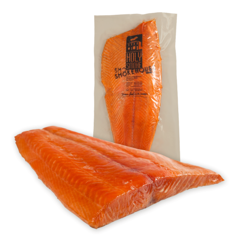 Air-dried, traditionally manuka smoked, and boneless. Hot Smoked Salmon Side by Holy Smoke